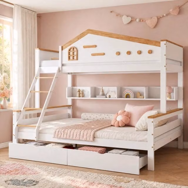 Letto a castello Mivray con scala inclinata a 4 gradini e cassetti, bianco naturale, L/P/H: 205 x 148.5 x 167.5 cm
