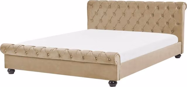 Letto Beliani in velluto beige con testiera trapuntata stile glamour L/P: 180 x 200 cm