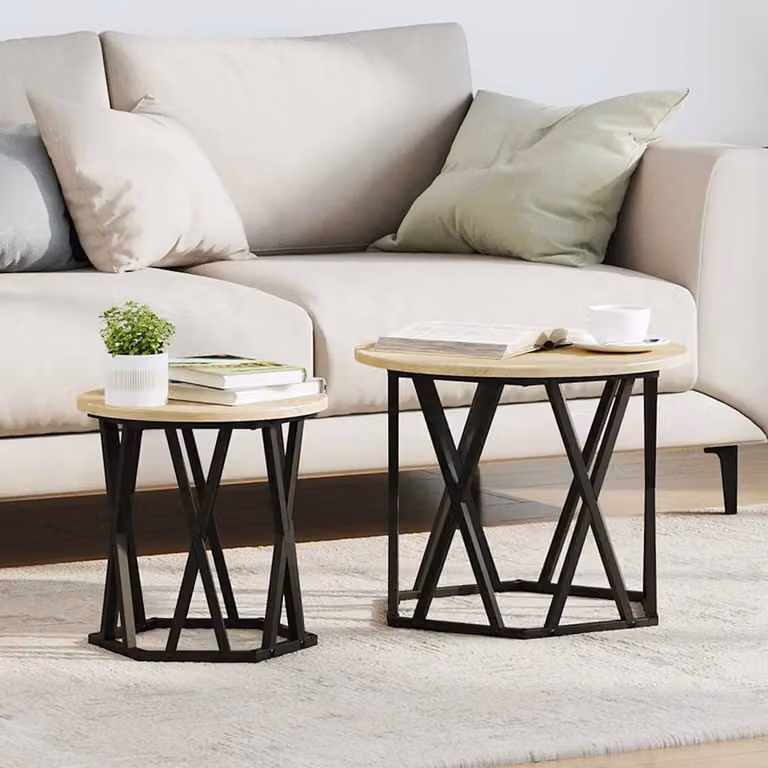 Set di 2 tavoli laterali rotondi vidaXL in legno e metallo, colore Rovere, L/P/H: 50 x 50 x 40 cm