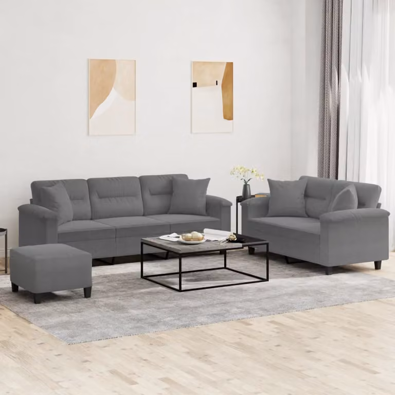 Set di Divani Moderno vidaXL in Microfibra Grigia con Pouf e Cuscini per Soggiorno