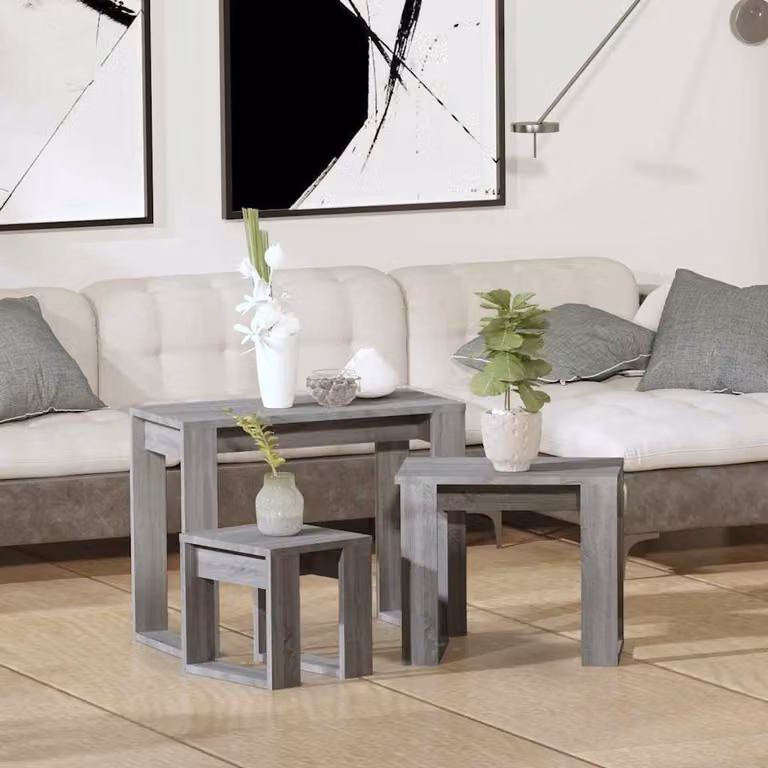 Set di 3 tavolini impilabili vidaXL in legno multistrato e MDF, colore grigio Sonoma, design moderno per soggiorno o camera da letto