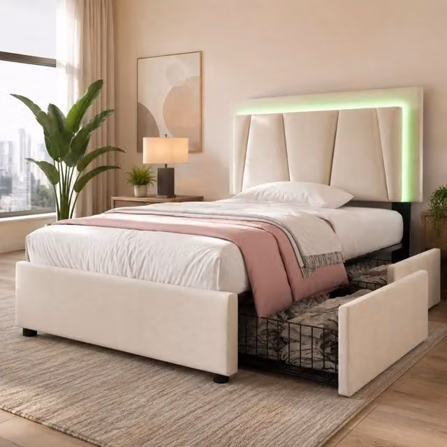 Letto singolo Mivray beige con 2 cassetti, testiera imbottita con illuminazione LED e rete a doghe in legno, L/P/H: 90 x 200 cm