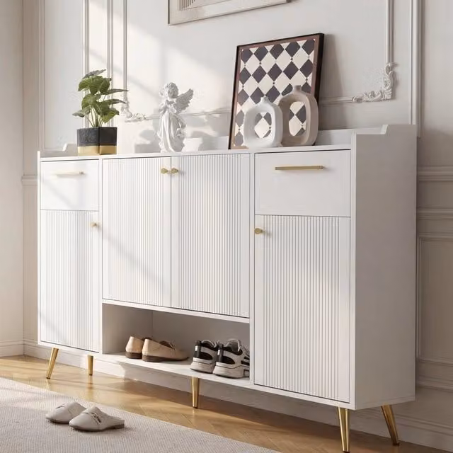 Scarpiera MINIMAL con 2 cassetti e 4 ante in metallo e MDF, Bianco, L 130 x P 37 x H 100 cm