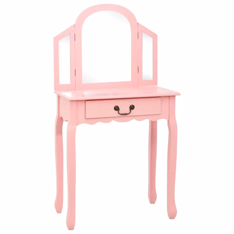 Toeletta con sgabello rosa in legno di Paulownia e MDF, L: 65 cm, P: 36 cm, H: 128 cm