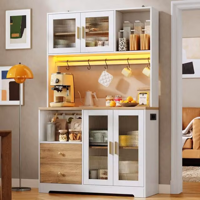 Mobile colonna da cucina Mivray bianca con 4 ante in vetro, illuminazione integrata e ripiani interni, L/P/H: 110 x 40 x 178 cm