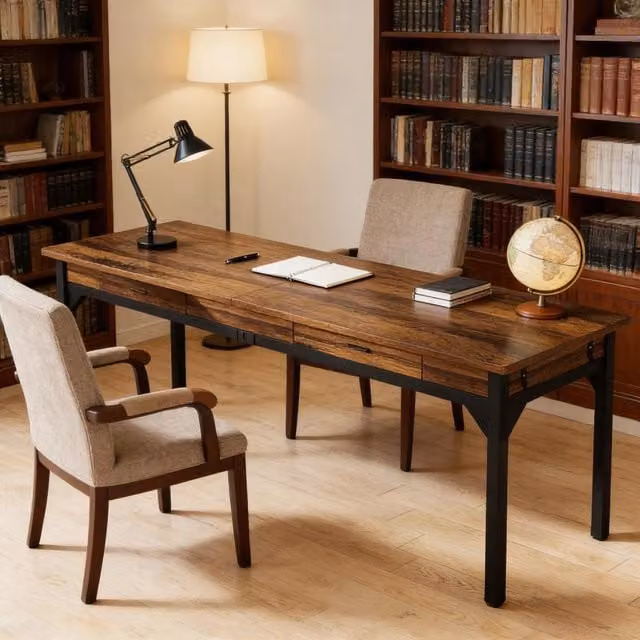 Scrivania doppia Mivray per ufficio in stile industriale con struttura in metallo e pannello in legno, disponibile in nero e marrone, L: 200 cm, P: 60 cm, H: 82 cm
