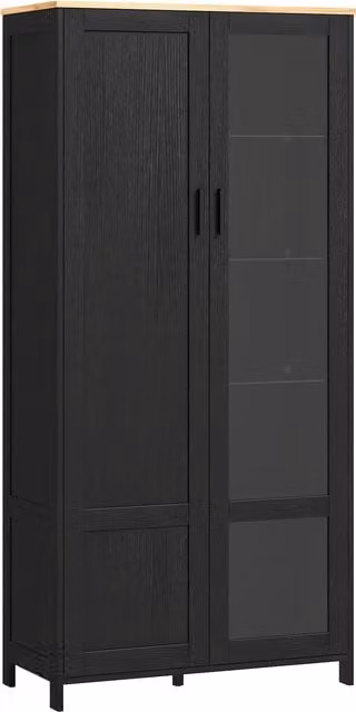 Dispensa da cucina HOMCOM moderna in legno e vetro con ante in vetro, L: 76 cm, P: 36 cm, H: 160 cm, Nero e marrone