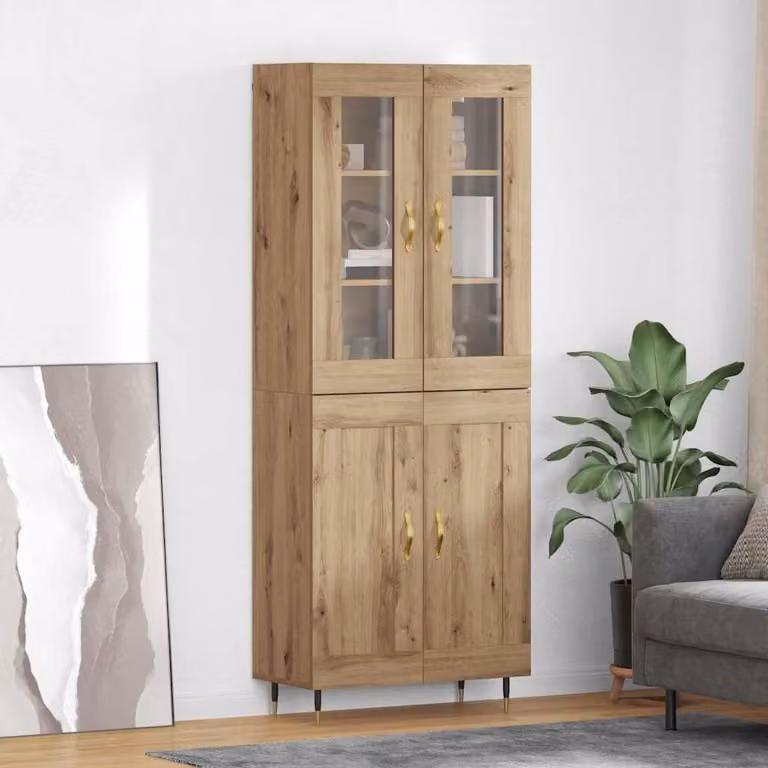 Set di 2 credenze vidaXL in stile rustico color rovere con ante in vetro, L: 69,5 cm, P: 34 cm, H: 180 cm