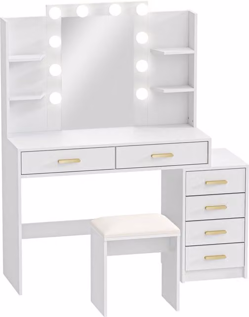 Set da trucco HOMCOM con specchio illuminato LED, sgabello imbottito e 6 cassetti, colore bianco