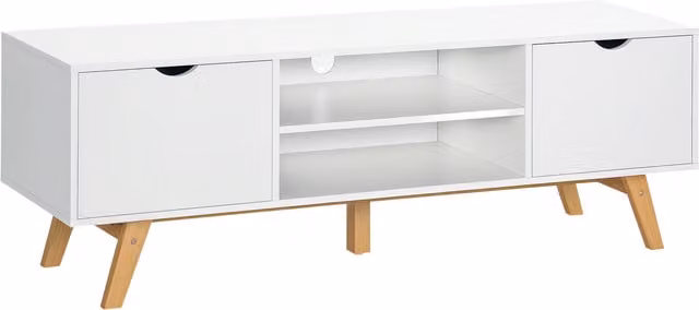 Mobile Porta TV HOMCOM in Legno e MDF Bianco con 2 Armadietti, 2 Ripiani Aperti e Fori Passacavi, L/P/H: 150 x 39 x 50 cm