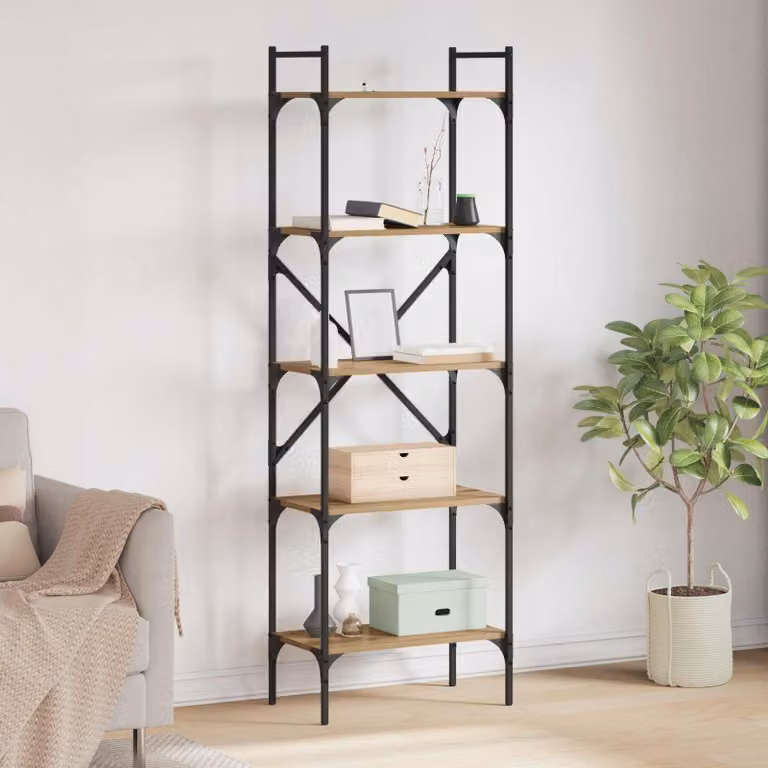 Libreria moderna vidaXL a 5 livelli in legno e metallo, colore marrone, L 56 cm x P 32 cm x H 174 cm