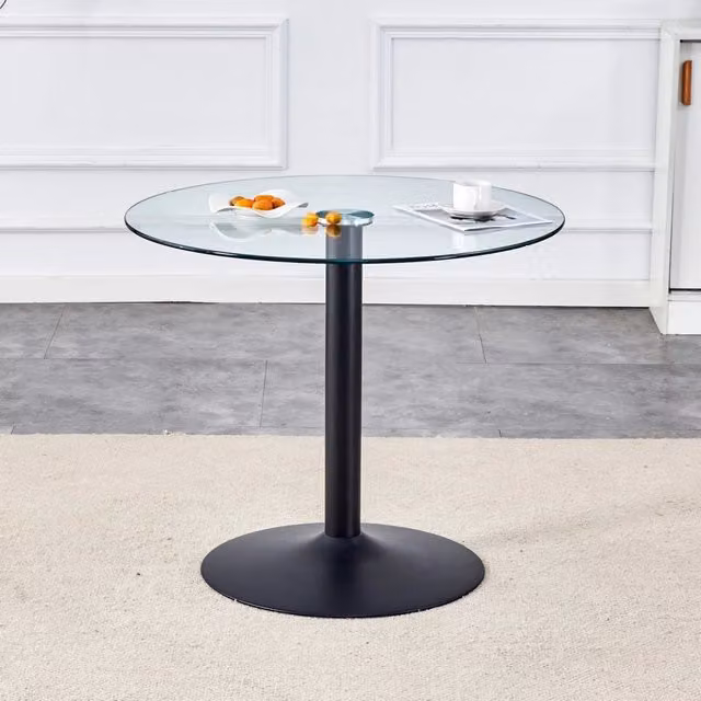 Tavolo da pranzo rotondo OKWISH in vetro temperato trasparente e metallo nero per cucina e sala da pranzo, Diametro: 76 cm