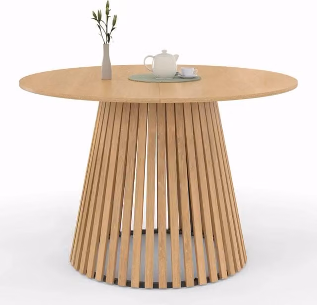 Tavolo da pranzo rotondo IDMarket CARMEN per 6 persone con piano in legno marrone e gambe a doghe, Diametro: 110 cm, Altezza: 75 cm