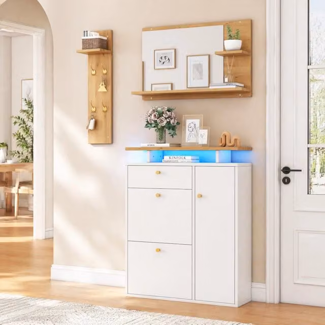 Set guardaroba da ingresso FOLYNA composto da 3 pezzi in bianco opaco con specchio LED, 4 ganci e scarpiera a 3 vani, L 105 cm x P 25 cm x H 151.5 cm