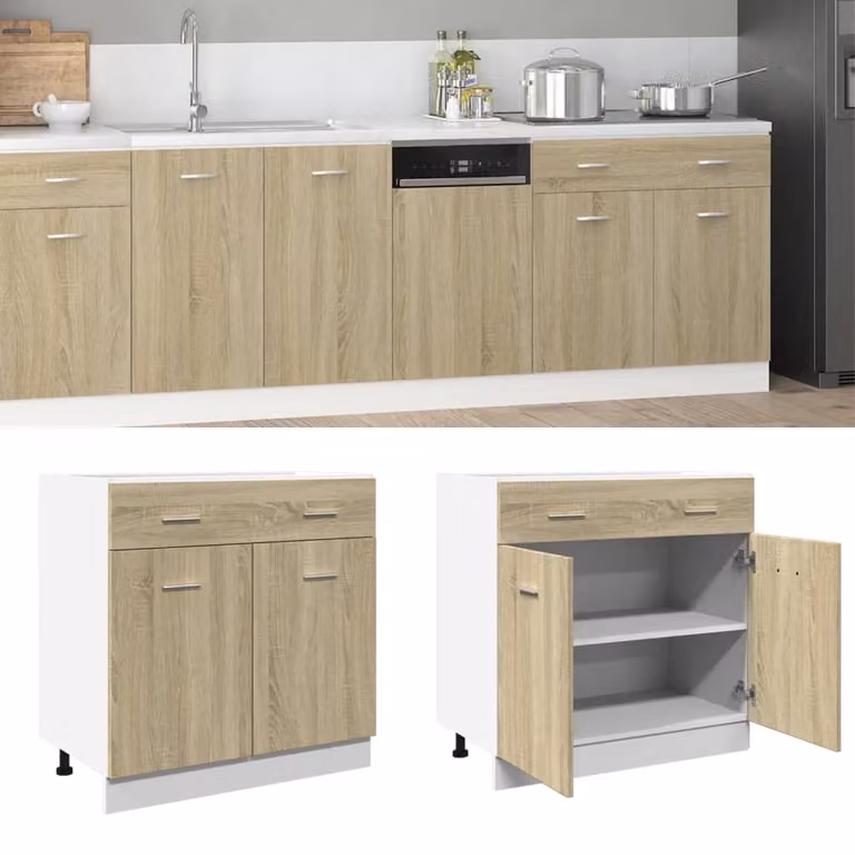 Base cucina inferiore Lyon vidaXL con cassetti e ante, Rovere Sonoma, L 80 cm x P 46 cm x H 81,5 cm