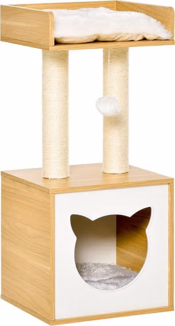 Casetta per Gatti PawHut con Pali Tiragraffi in Sisal, Cuccia e Lettino con Cuscini Lavabili e Giocattoli, Rovere, L 35 x P 35 x H 81 cm