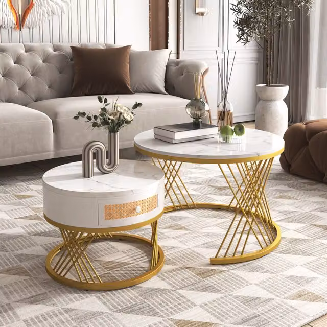 Tavolino Rotondo 2 in 1 Aosom con Piano in Marmo Bianco, Gambe in Metallo Oro e Cassetti in Rattan Sintetico con Maniglie in Legno Massello