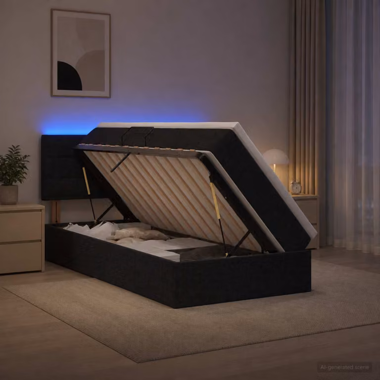 Letto con contenitore vidaXL in tessuto nero con illuminazione LED e porta USB, L: 90 cm, P: 200 cm
