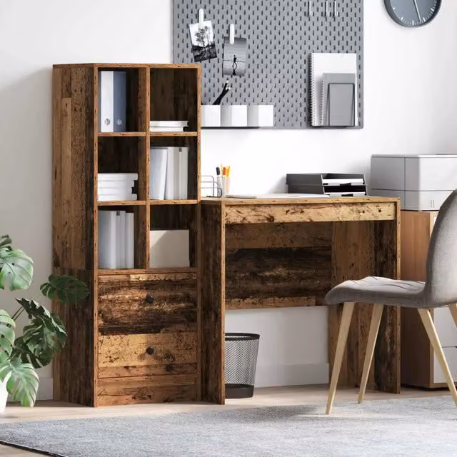 Set di 2 Scrivanie moderne vidaXL in legno composito marrone con scaffale, L: 125,5 cm, P: 50 cm, H: 127 cm