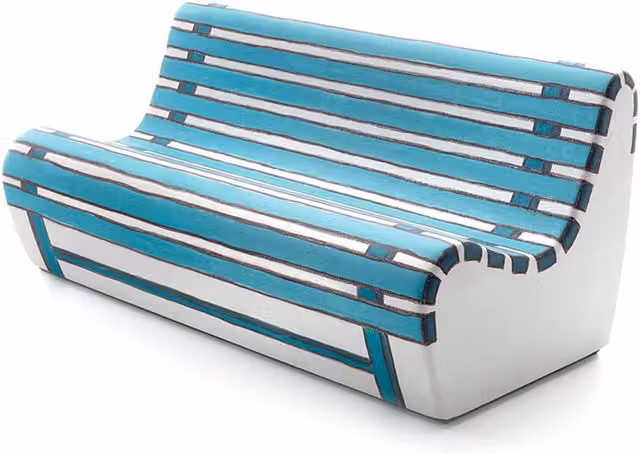 Panchina Summertime Gufram con design a righe turchese in metallo e plastica