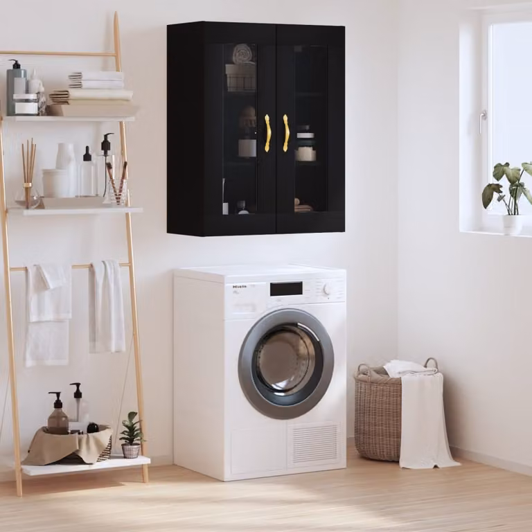 Mobile a parete vidaXL moderno con ante in vetro, nero e oro, L 69,5 cm x P 34,0 cm x H 90,0 cm