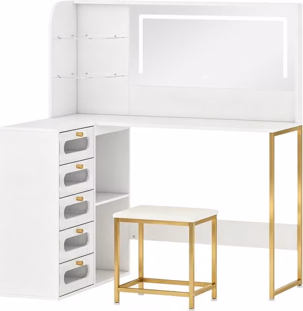 Toeletta da trucco HOMCOM con specchio LED, sgabello, 5 cassetti e 4 scomparti, bianco