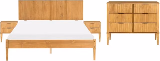 Set da camera da letto Beliani in legno di pino cerato marrone chiaro stile scandinavo con letto matrimoniale 160 x 200 cm, 2 comodini e cassettiera a 6 cassetti