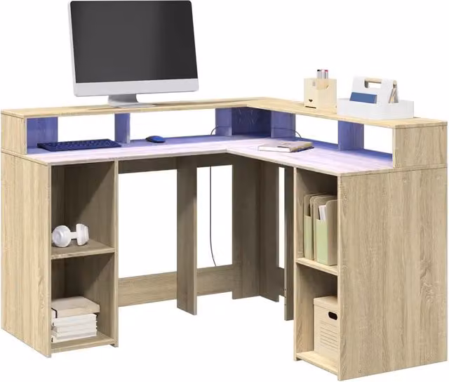 Scrivania angolare moderna vidaXL in MDF laminato color rovere e beige, L/P/H: 130 x 130 x 91 cm