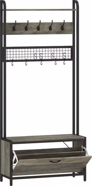 Appendiabiti 5-in-1 HOMCOM con panca, armadietto, 10 ganci e mensola, grigio