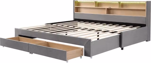 Letto Divano 2 Posti Moderno in Velluto Grigio con 2 Cassetti, Porte USB e Type-C, Illuminazione LED Sotto il Letto, L/P: 180 x 200 cm