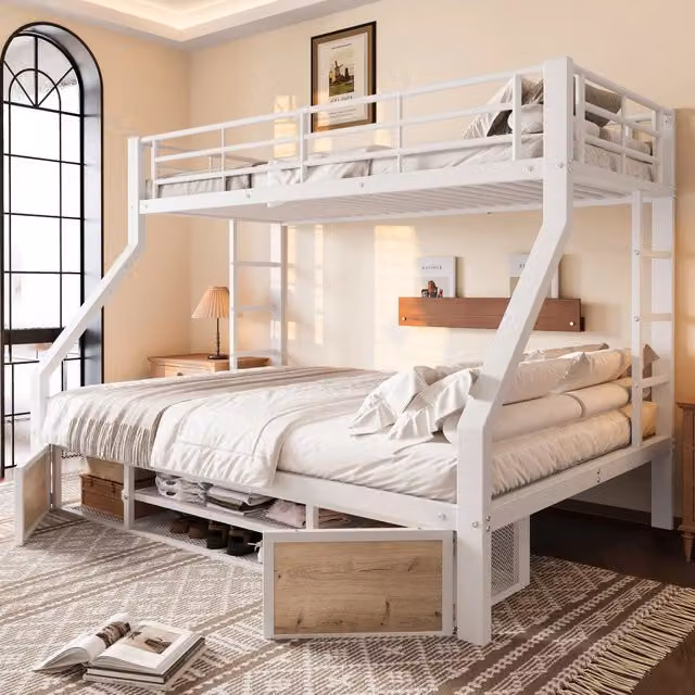 Letto a castello Mivray moderno in metallo e MDF bianco con vani portaoggetti e scarpiera L/P/H: 204 x 140 x 159,5 cm