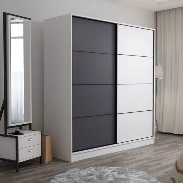 Armadio con ante scorrevoli DMORA per camera da letto, moderno con ripiani interni e appendiabiti, L: 180 cm, H: 210 cm