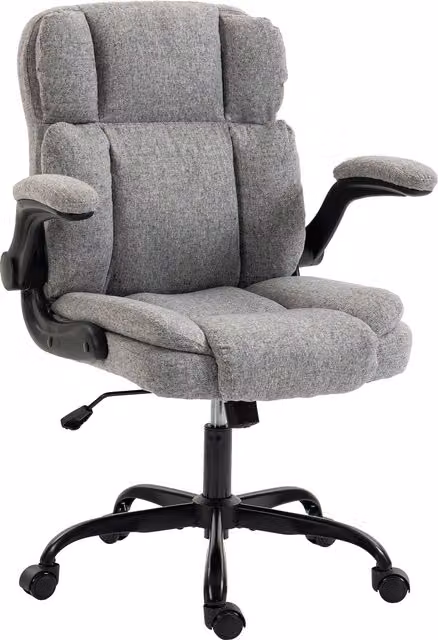 Sedia da ufficio girevole HOMCOM con braccioli ribaltabili, altezza regolabile e dondolo, rivestimento in tessuto effetto lino grigio