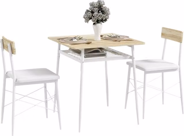 Set Tavolo da Pranzo Xylo con 2 Sedie, Struttura in Acciaio Bianco e Rovere, L/P/H: 70 x 70 x 75 cm