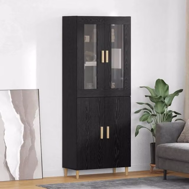 Credenza moderna vidaXL in rovere nero con vetro per soggiorno e sala da pranzo L: 69,5 cm, P: 34 cm, H: 180 cm
