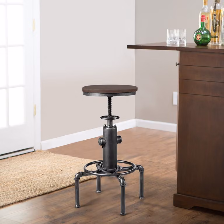 Sgabello da bar industriale regolabile Costway con poggiapiedi ergonomico, stile vintage in metallo e legno, Argento e Marrone