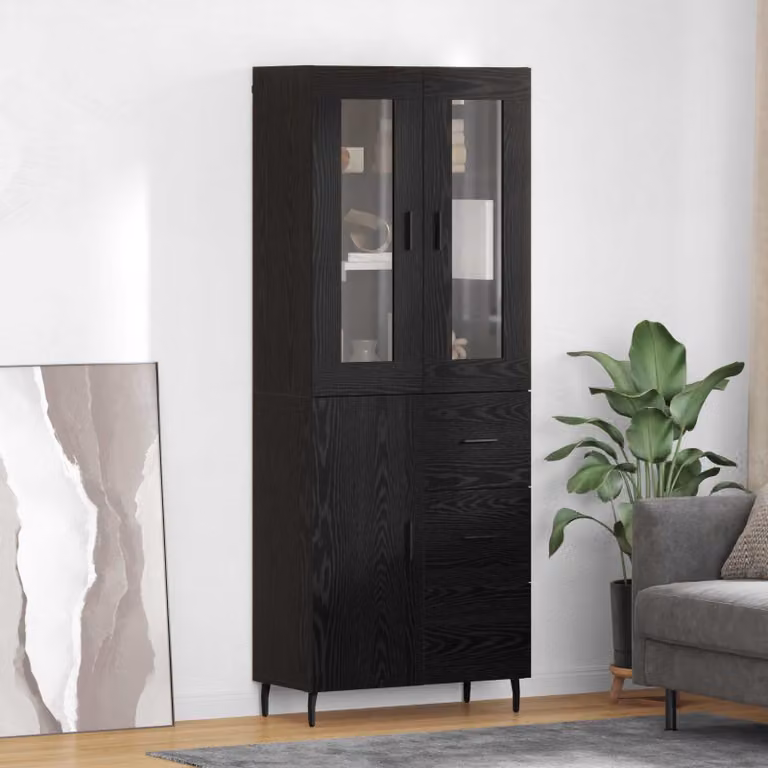 Set di 2 credenze moderne vidaXL in nero con ante in vetro e ripiani interni, L/P/H: 69,5 x 34 x 180 cm