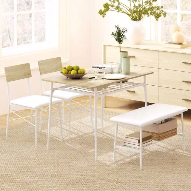 Set tavolo da pranzo WISHDOR con 2 sedie e panca, 4 posti, colore rovere e bianco, design moderno con ripiani