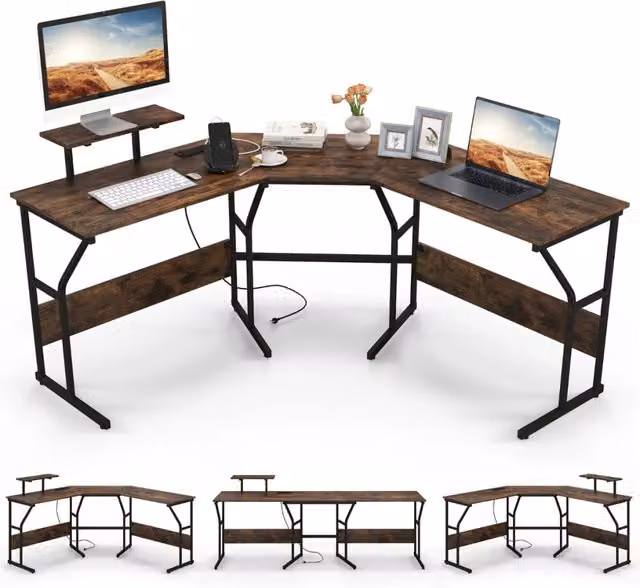 Scrivania ad angolo a forma di L con presa elettrica e supporto monitor mobile, Marrone Rustico, L: 225 cm