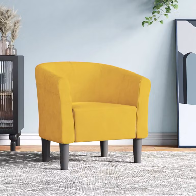 Poltrona Cabriolet moderna vidaXL in velluto giallo con braccioli e struttura in legno e plastica, L/P/H: 70 x 68 x 56 cm