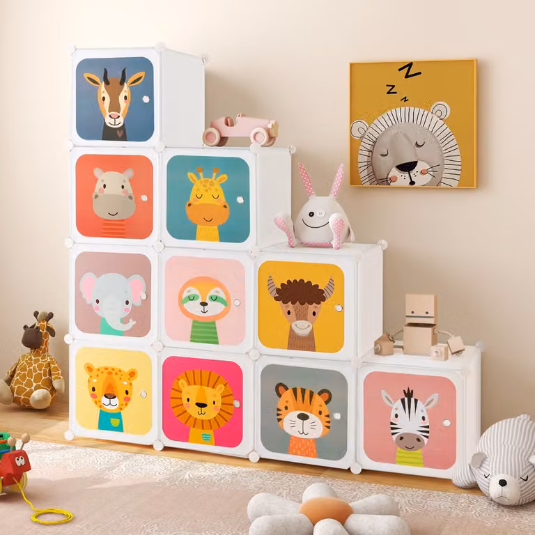 Armadio portatile per bambini Costway con 12 cubi, 2 sezioni appendibili e comò, design con cartoon, Bianco e multicolore
