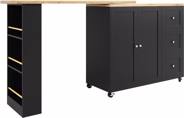 Isola da cucina estraibile e girevole a 360 con 3 cassetti, 2 ante e ripiano laterale per snack, Nero, L: 135-203 cm, P: 39 cm, H: 106 cm