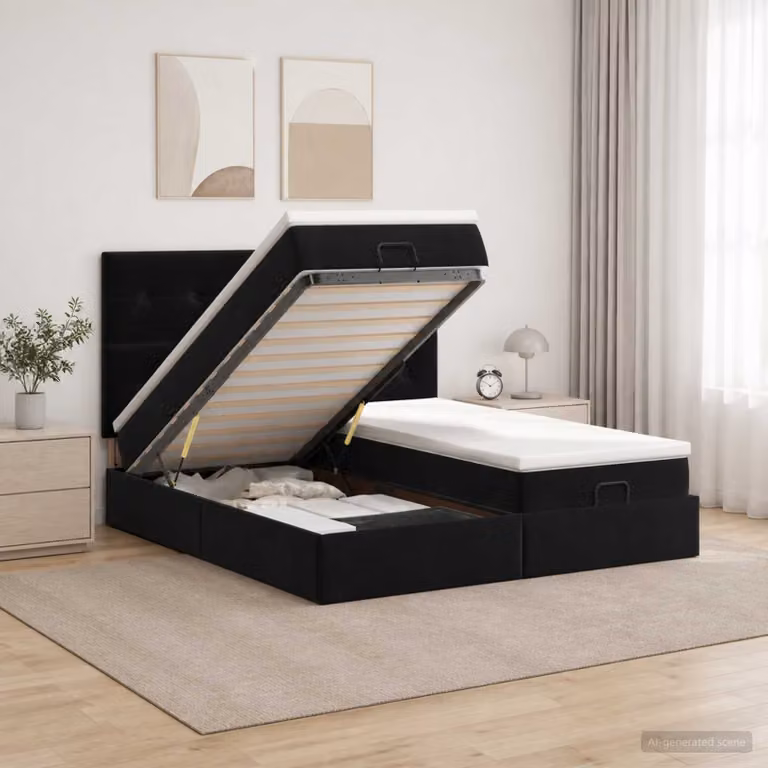 vidaXL Letto Ottomano con Materasso e Illuminazione LED in Velluto Nero L/P/H: 200 x 200 x 88 cm
