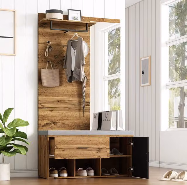 Garderoba ingresso MODFU con specchio e panca imbottita, colore marrone, L: 190 cm, P: 39 cm, H: 190 cm