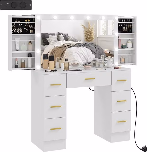 Tavolo da Trucco HOMCOM con Specchio e 12 Luci LED, Consolle con 7 Cassetti e 6 Scomparti Nascosti, Bianco