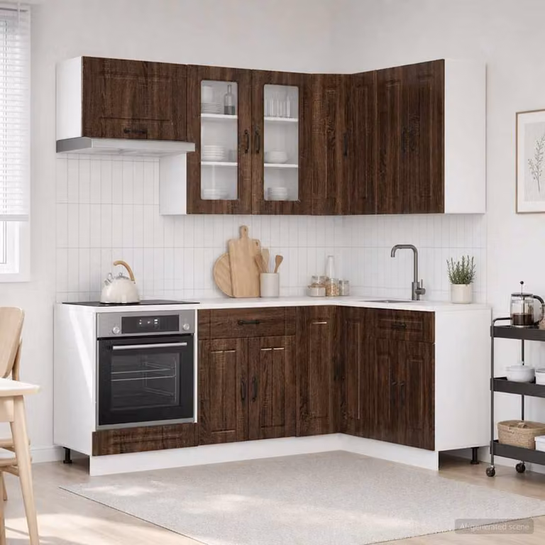 Unità cucina vidaXL KALMAR composta da 8 pezzi in legno ingegnerizzato color rovere marrone con ante in vetro e ripiani interni
