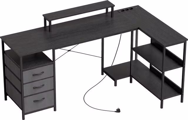 Scrivania Angolare a L HOMCOM Reversibile con Cassetti e Ripiani, Nero, 170 cm