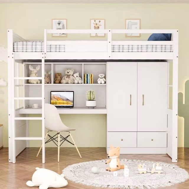 Letto a castello CIPACHO bianco per bambini in legno e MDF con scrivania, armadio e cassetti, L/P/H: 204.5 x 90 x 174 cm