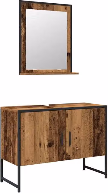 Set di mobili da bagno moderno composto da mobile sottolavabo e armadietto con specchio in legno e vetro, colore marrone, sospesi a parete, L: 80.0 cm, P: 33.0 cm, H: 60.0 cm