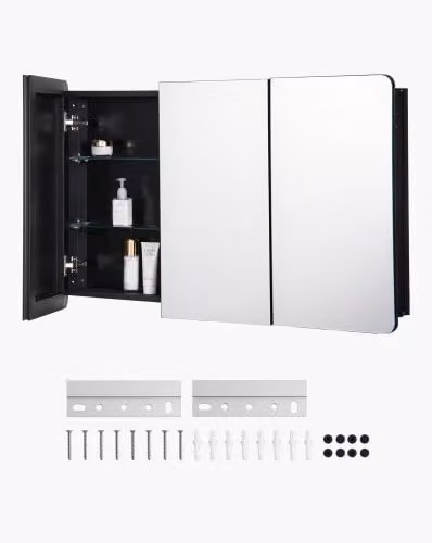 Armadietto per Medicinali VEVOR con 3 Ante a Specchio e Ripiani in Vetro Regolabili, Telaio in Alluminio per Installazione a Incasso o a Parete, H 101,7 cm x L 64,7 cm x P 14,3 cm